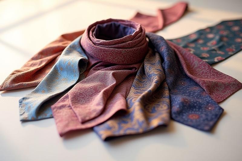 Eine Auswahl handgefertigter Seidenschals und Krawatten in verschiedenen luxuriösen Mustern, elegant arrangiert.